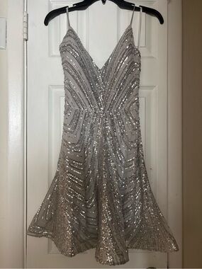 B Darlin Silver Sequin V-Neck Spaghetti Strap Prom Dress